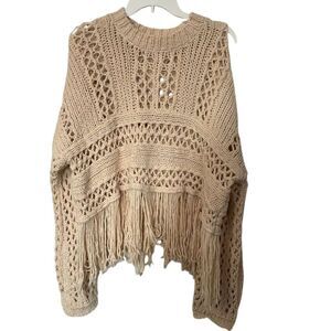 Free People Higher Love Fringe Sweater Women Medium Cream Pullover